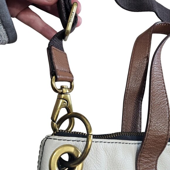Fossil Two-Tone Leather Tote Bag‎ With Adjustable Crossbody Strap Brass Hardware - Picture 6 of 11